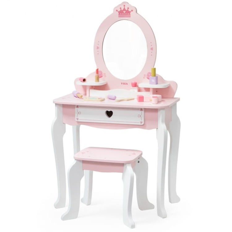 VIGA Duża Toaletka Drewniana Biało-Różowa z Lustrem i Krzesełkiem