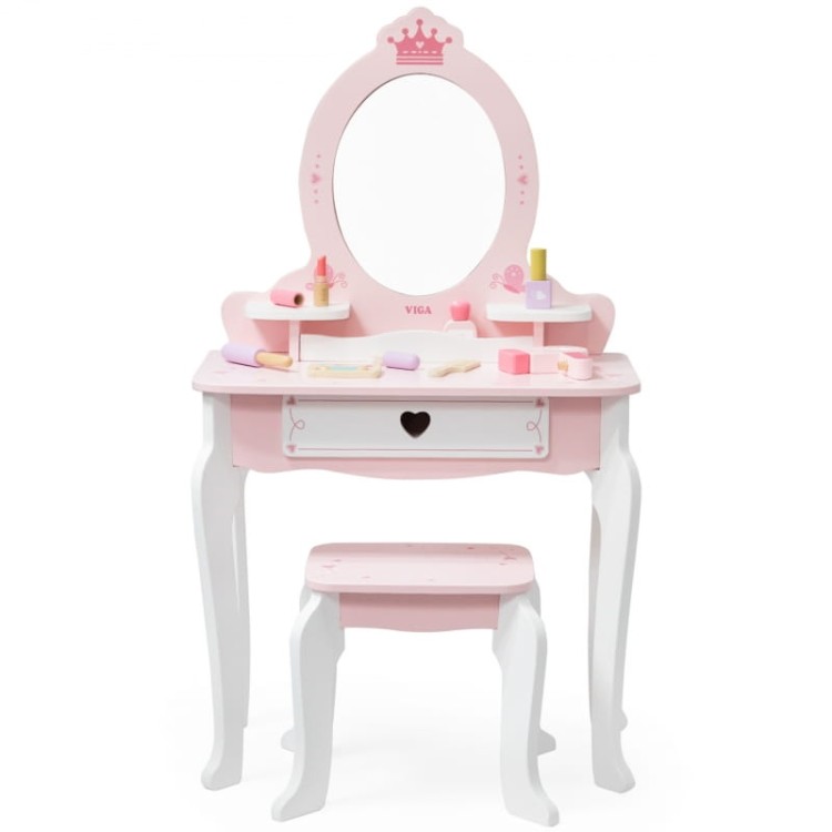 VIGA Duża Toaletka Drewniana Biało-Różowa z Lustrem i Krzesełkiem