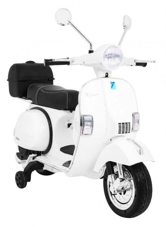 Skuter Vespa elektryczny dla dzieci Biały, Kółka pomocnicze, Wolny Start