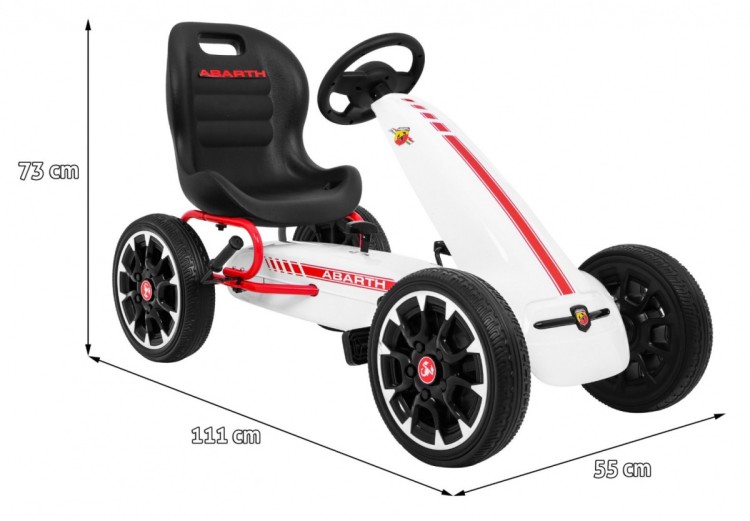 Gokart ABARTH na pedały dla dzieci Biały  Koła EVA  Hamulec ręczny  Wolny bieg