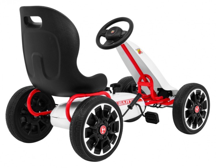 Gokart ABARTH na pedały dla dzieci Biały  Koła EVA  Hamulec ręczny  Wolny bieg