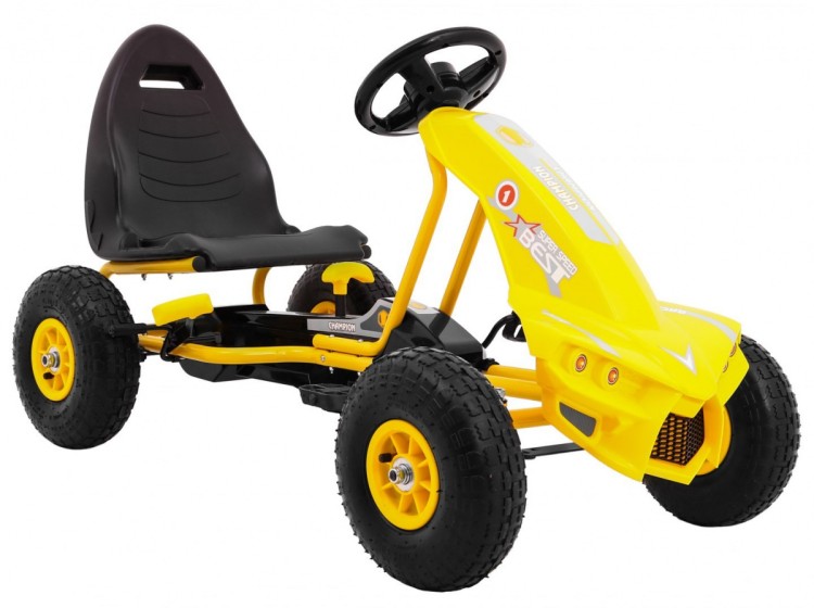 Gokart Champion na pedały dla dzieci 3+ Żółty  Pompowane opony  Regulowane siedzisko  Ręczny hamulec